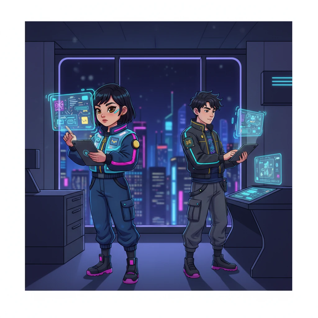 미래의 기업 사무실, 밤늦은 시간까지 네온 불빛이 푸른색과 보라색으로 빛난다. 박지아는 홀로그램 디스플레이에 얼굴을 비추며 반짝이는 데이터를 꼼꼼히 살핀다. 건너편의 김민준도 자신의 화면을 응시하고, 방의 정적은 기술의 부드러운 윙윙거림으로만 채워진다. 어두운 배경 속에서 도시의 불빛이 창밖으로 번진다.