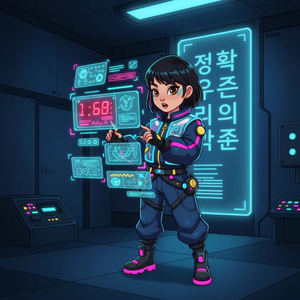 지아의 눈이 커지며 치명적인 숫자 오류가 그녀의 화면에 전기 빨간색으로 깜빡인다. 그녀는 반투명한 다층 인터페이스 위로 손가락을 빠르게 움직여 데이터를 교차 확인한다. 벽면 스크린에 고정된 '정확성은 우리의 약속'이라는 문구가 희미하게 빛나며 발견된 결함과 대조를 이룬다.