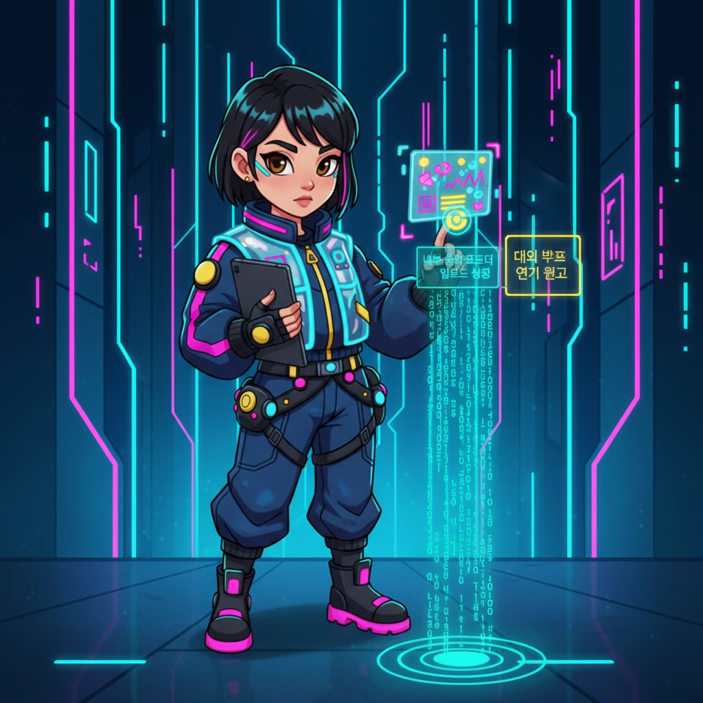 결연한 표정으로 지아는 수정된 데이터를 확정하고, 전기 녹색 코드가 성공적인 내부 공유 폴더 업로드를 확인하며 쏟아져 내린다. 그녀는 대외 발표 연기를 권고하는 메모를 추가한다. 그녀의 행동은 빛나는 디지털 공간 속에서 무결성을 향한 조용한 간청이다.