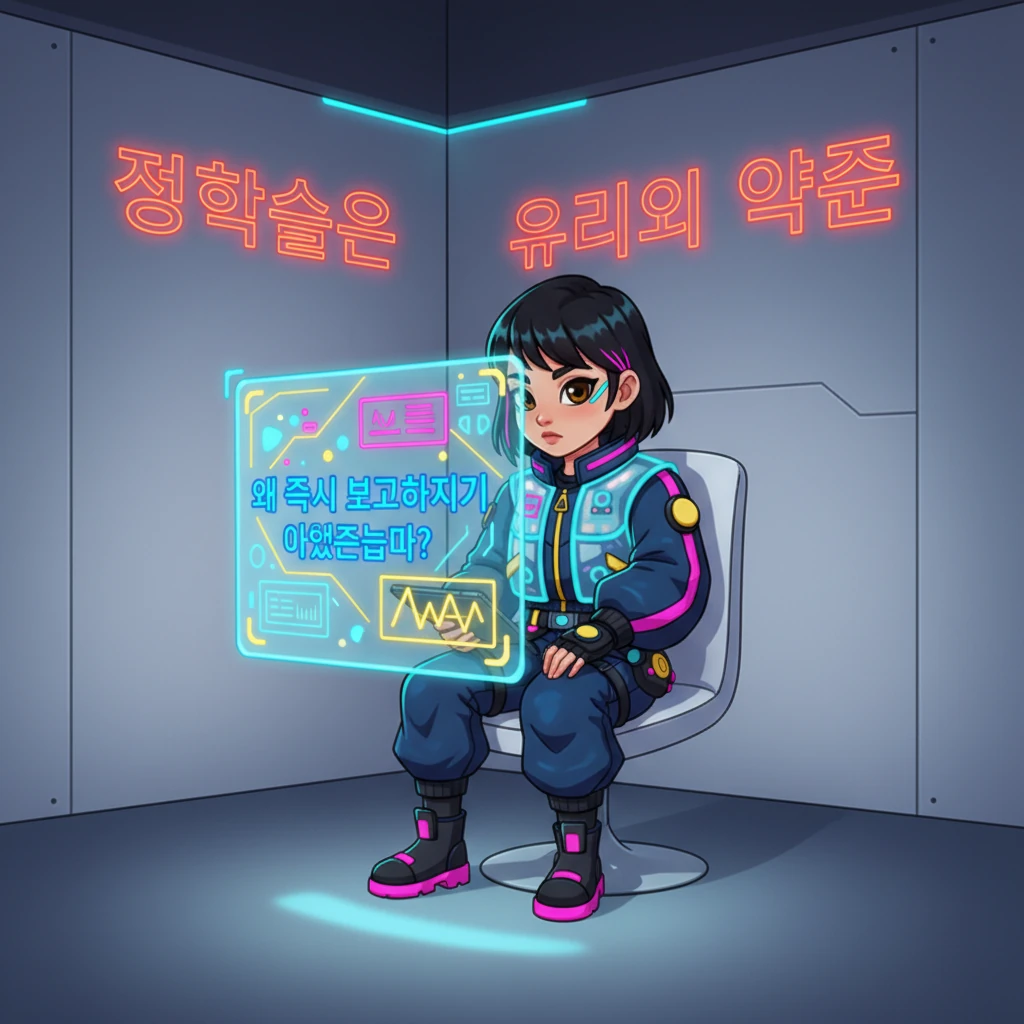 며칠 후, 지아는 인사팀의 무균적이고 희미하게 불 밝혀진 심문실에 앉아 있다. 그녀의 데이터 기록 홀로그램이 질문과 함께 그녀 앞에 떠오른다. '왜 즉시 보고하지 않았습니까?'라는 무형의 목소리가 들리고, 익숙한 '정확성은 우리의 약속'이라는 문구가 벽에 불길하게 빛난다.