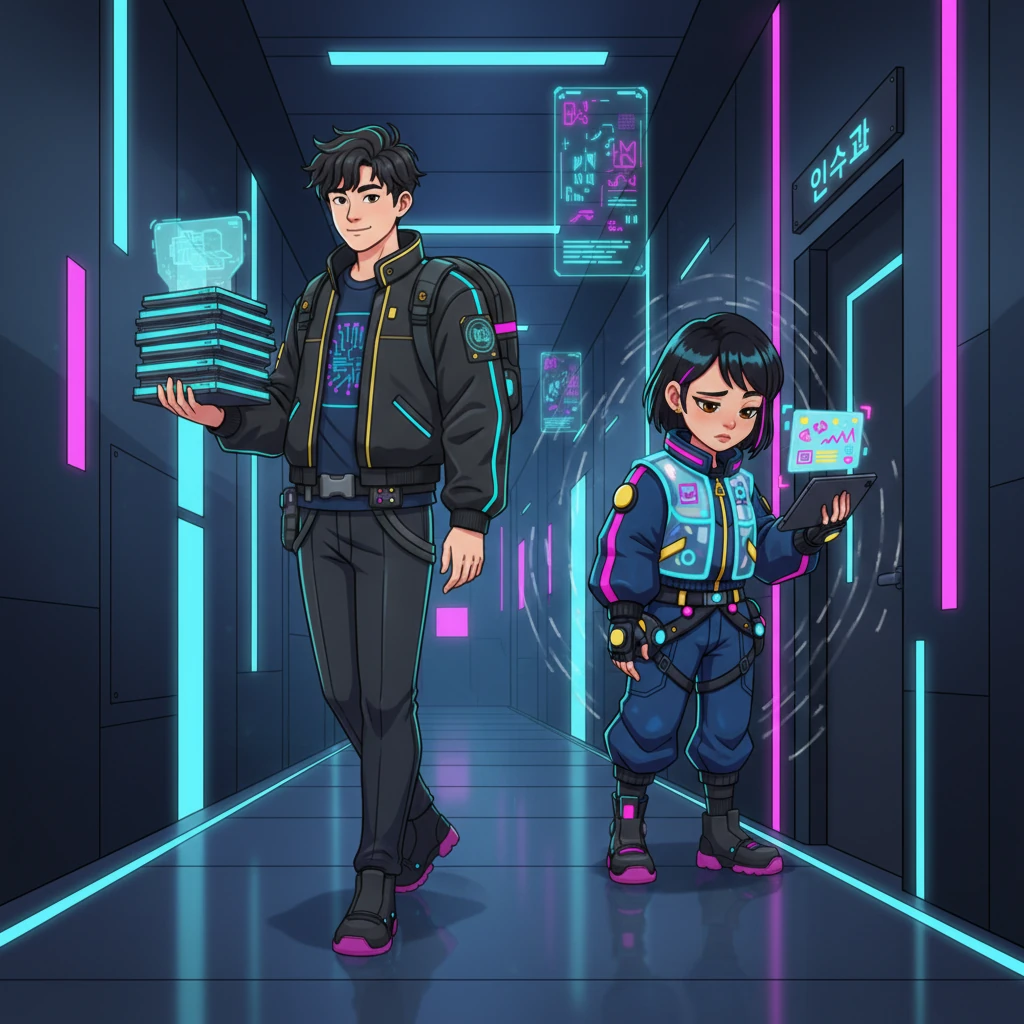 김민준은 빛나는 데이터 태블릿 더미를 들고 세련된 기업 복도를 자신감 있게 걷는다. 그는 인사과 사무실을 나서는 지아를 스쳐 지나간다. 지아는 어깨를 축 늘어뜨리고 있지만, 그는 아무런 인정을 하지 않고 시선을 앞에 고정한 채 입가에 희미한 미소를 띠고 있다. 건물의 금속성 윙윙거림이 그녀를 비웃는 듯하다.