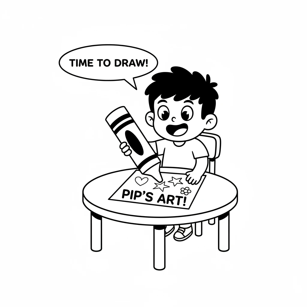 Pip the Painter, a tiny, cheerful character, sat at a small table. In his hand was a giant, chunky crayon, ready to make magic on the blank white page