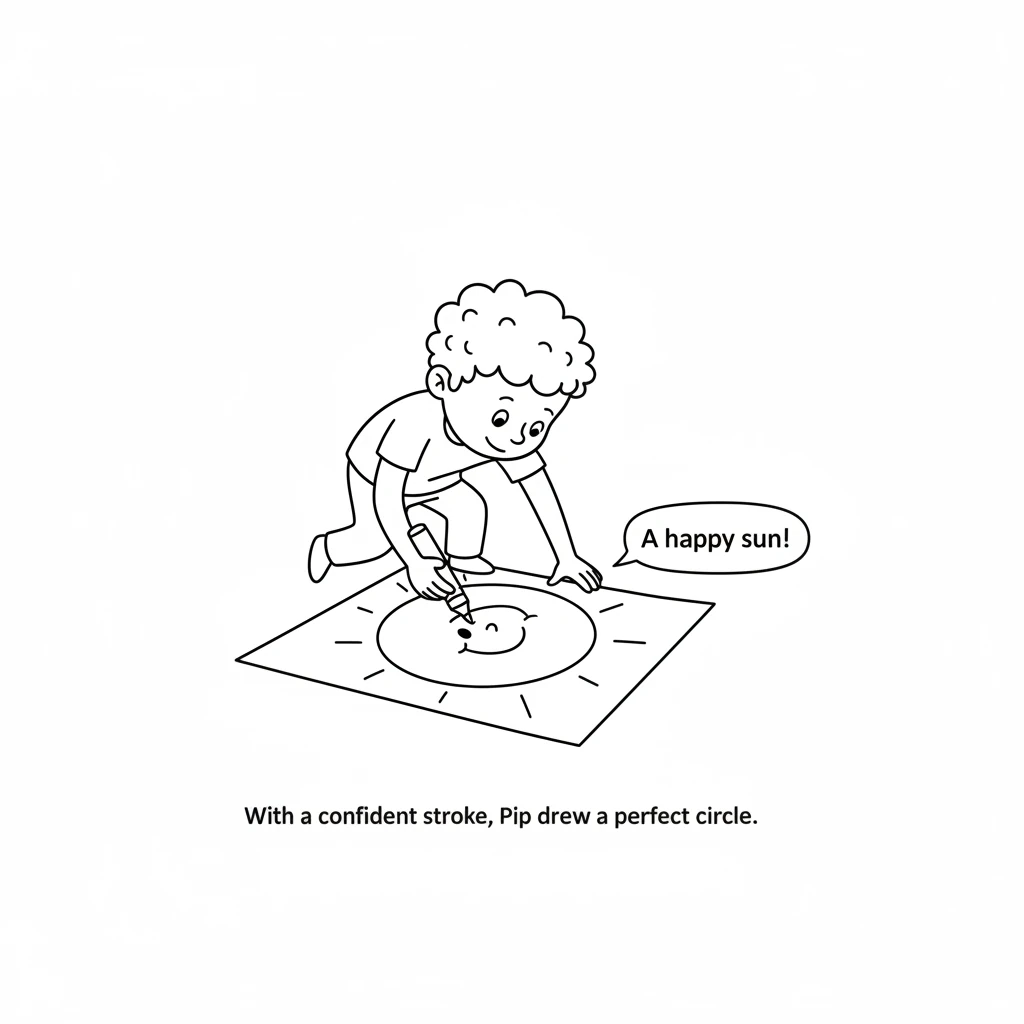 With a confident stroke, Pip drew a perfect circle. It was round and smooth, looking just like a happy sun smiling down from the sky. The bold line st