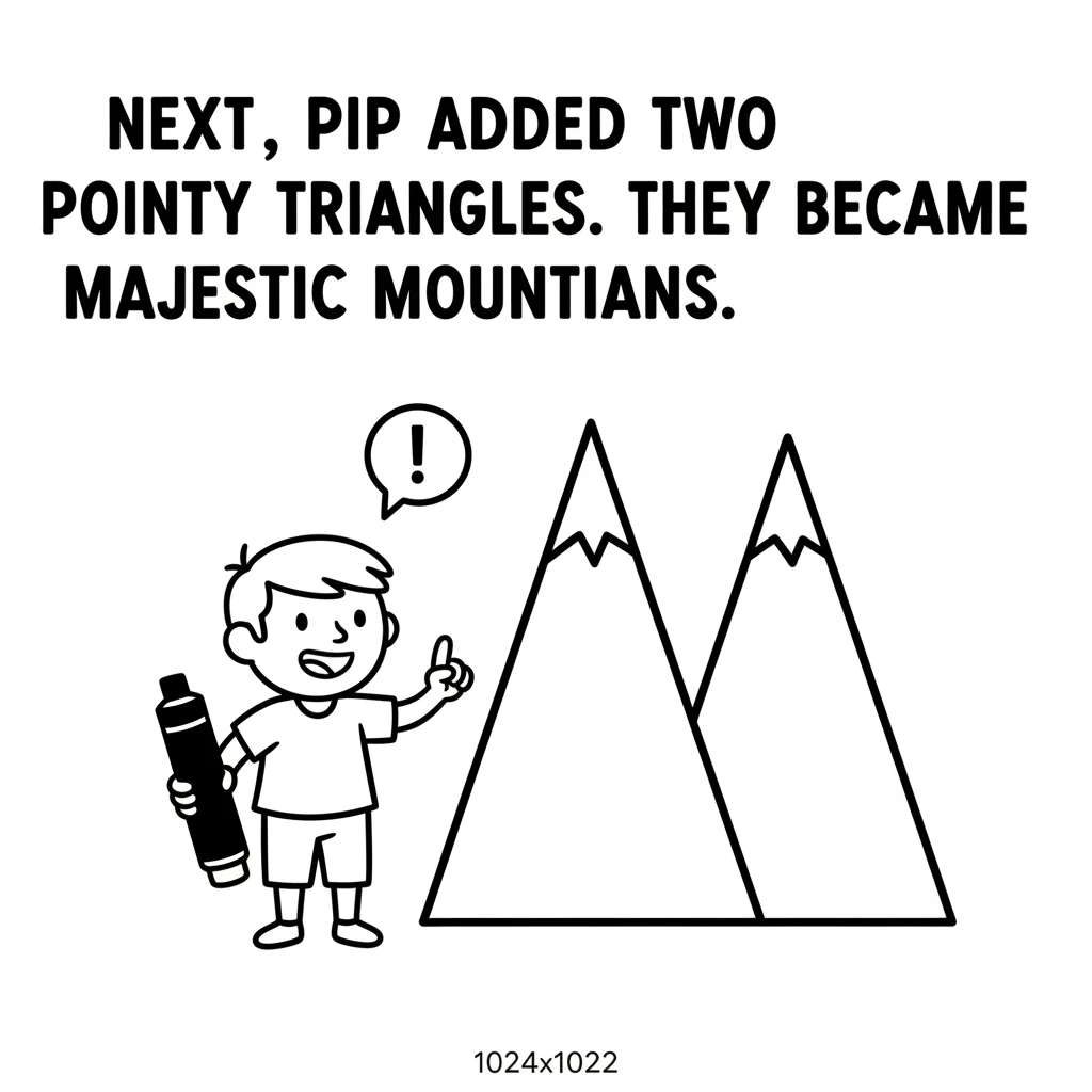 Next, Pip added two pointy triangles, one beside the other. They stood tall and proud, instantly becoming majestic mountains reaching for the clouds.