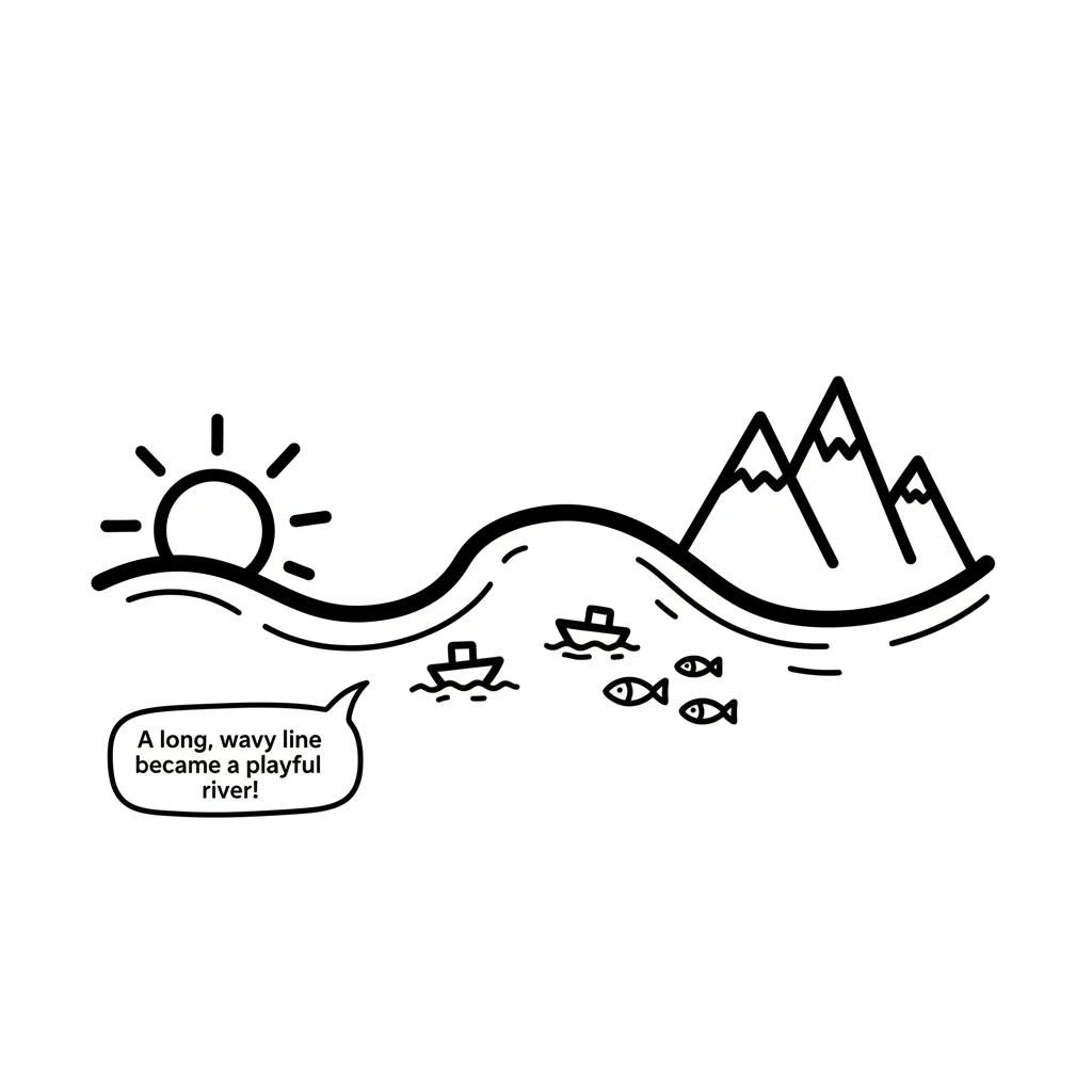 Then, a long, wavy line flowed gently across the page, curving and twisting. It transformed into a playful river, ready to carry little boats or fish.