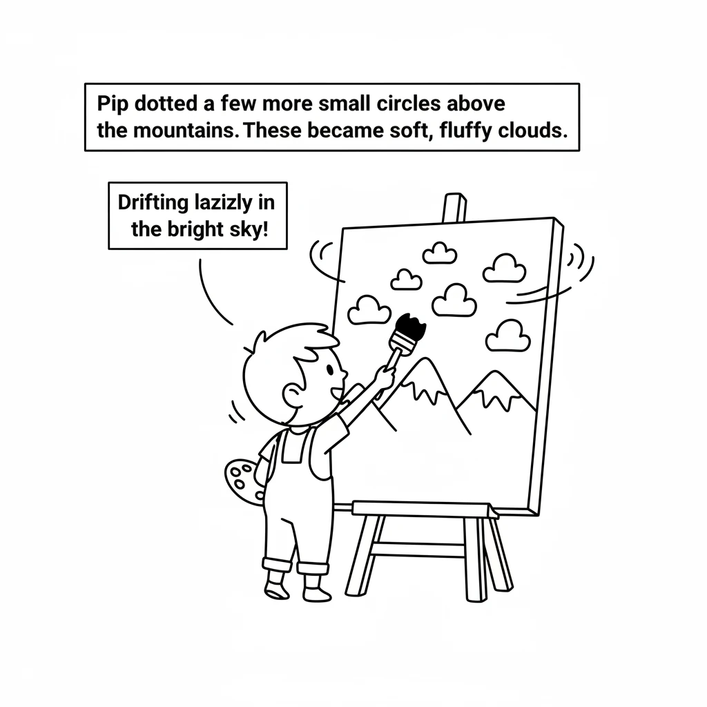 Pip dotted a few more small circles above the mountains. These became soft, fluffy clouds, drifting lazily in the bright sky. They added a touch of ge