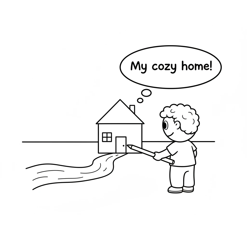 He connected a few straight lines to form a cozy little house, complete with a simple square door and a tiny chimney. It looked welcoming and warm, a