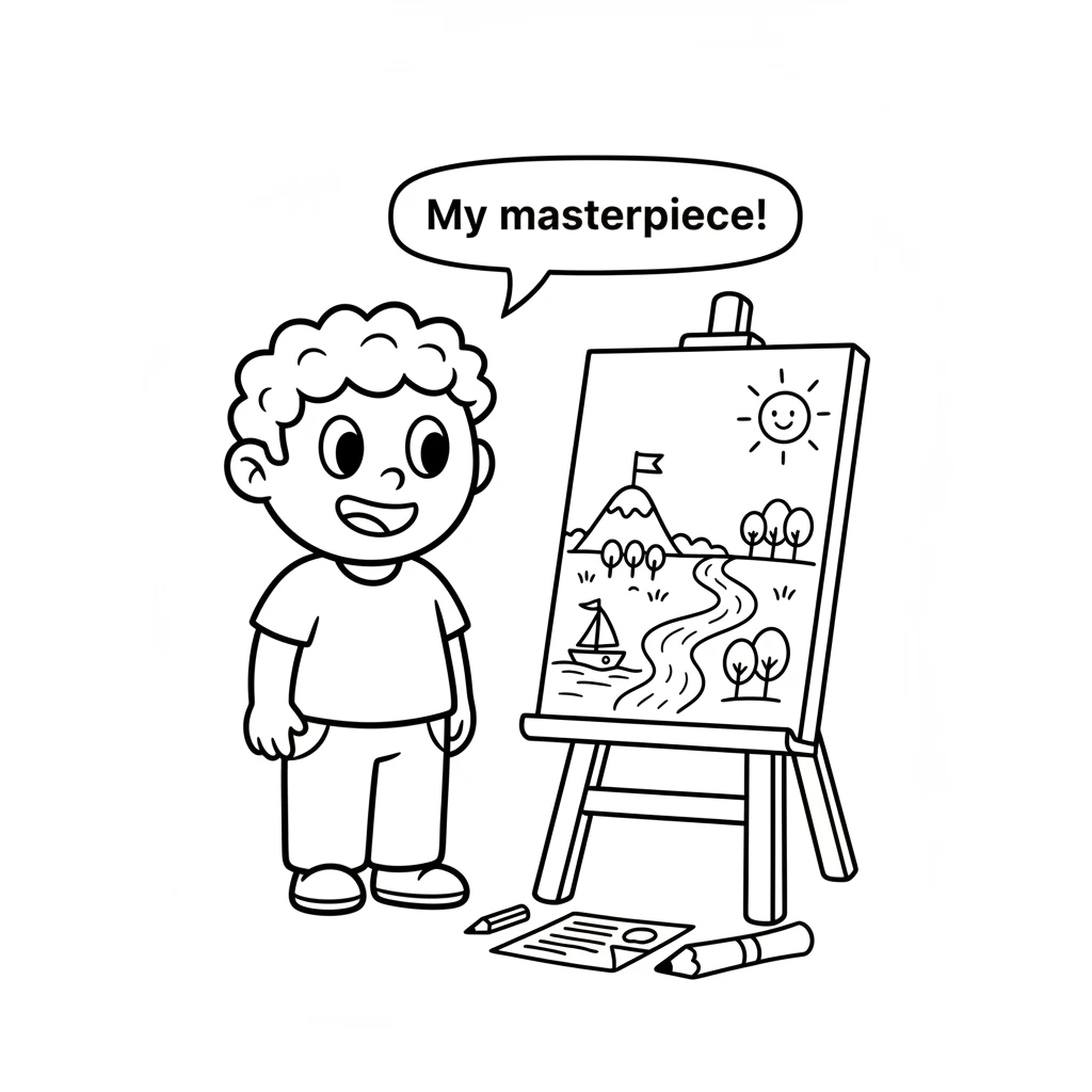 Pip smiled, looking at his finished masterpiece. It was a beautiful, simple landscape, full of life and ready for adventure. Every shape was perfectly