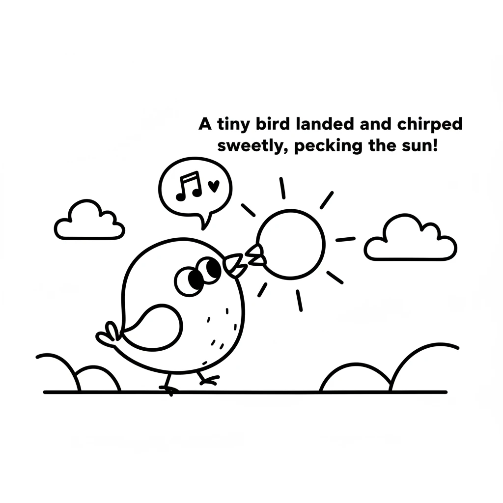 Suddenly, a tiny, friendly bird with two round eyes flew down and landed gently on the edge of the drawing. It chirped sweetly, then gently pecked at