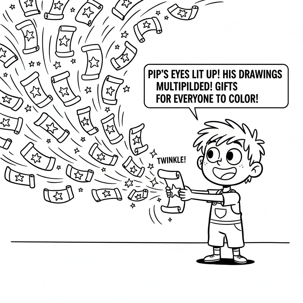 Pip's eyes lit up! He understood. With a magical twinkle, his drawing multiplied, creating many identical copies. These were his special gifts, ready