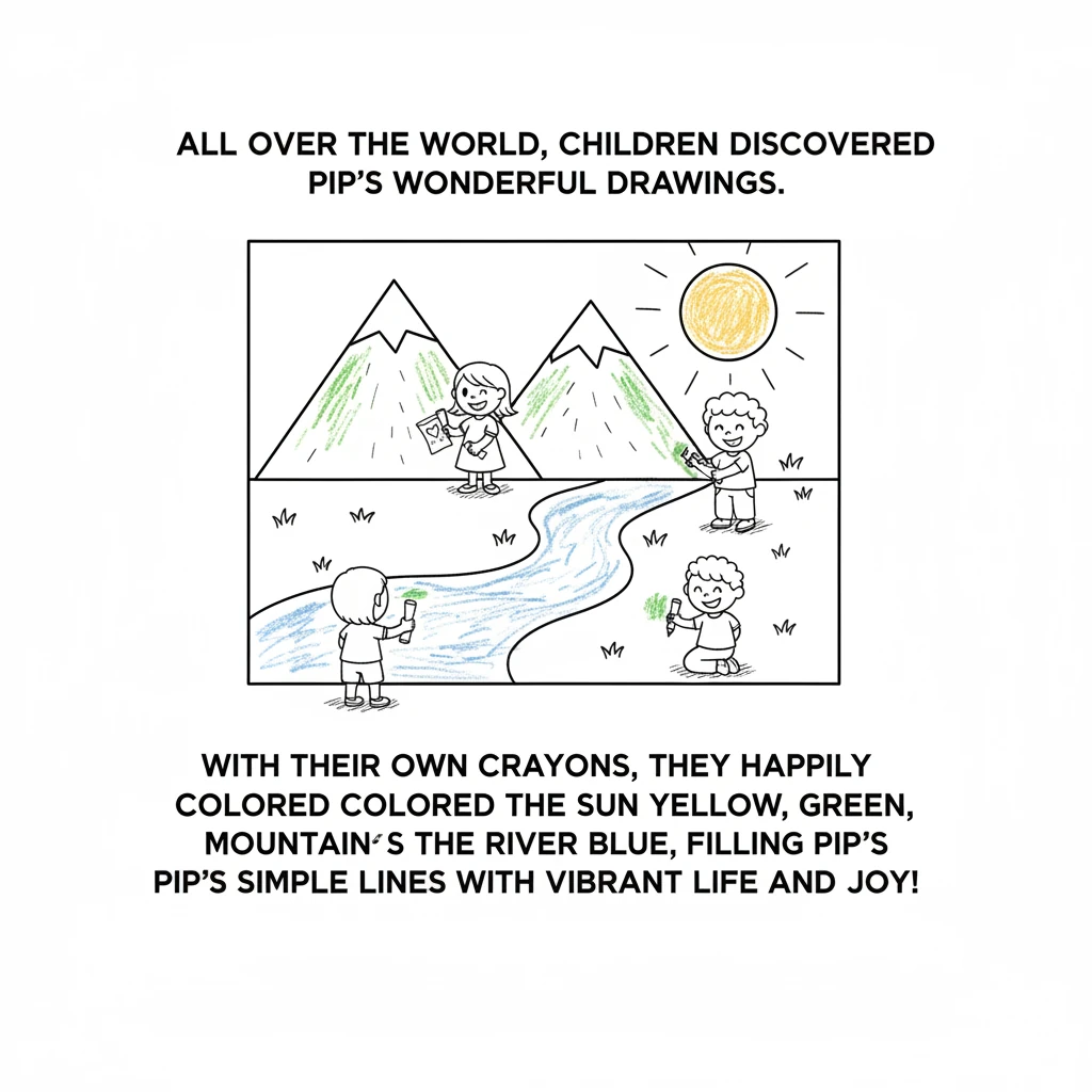 All over the world, children discovered Pip's wonderful drawings. With their own crayons, they happily colored the sun yellow, the mountains green, an