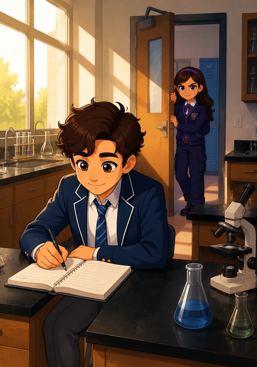 After the final bell rang, the hallways emptied, leaving Leo sitting alone in the sun-drenched science lab. He was focused on his notebook, unaware that the quiet girl from his history class was watching him from the doorway.