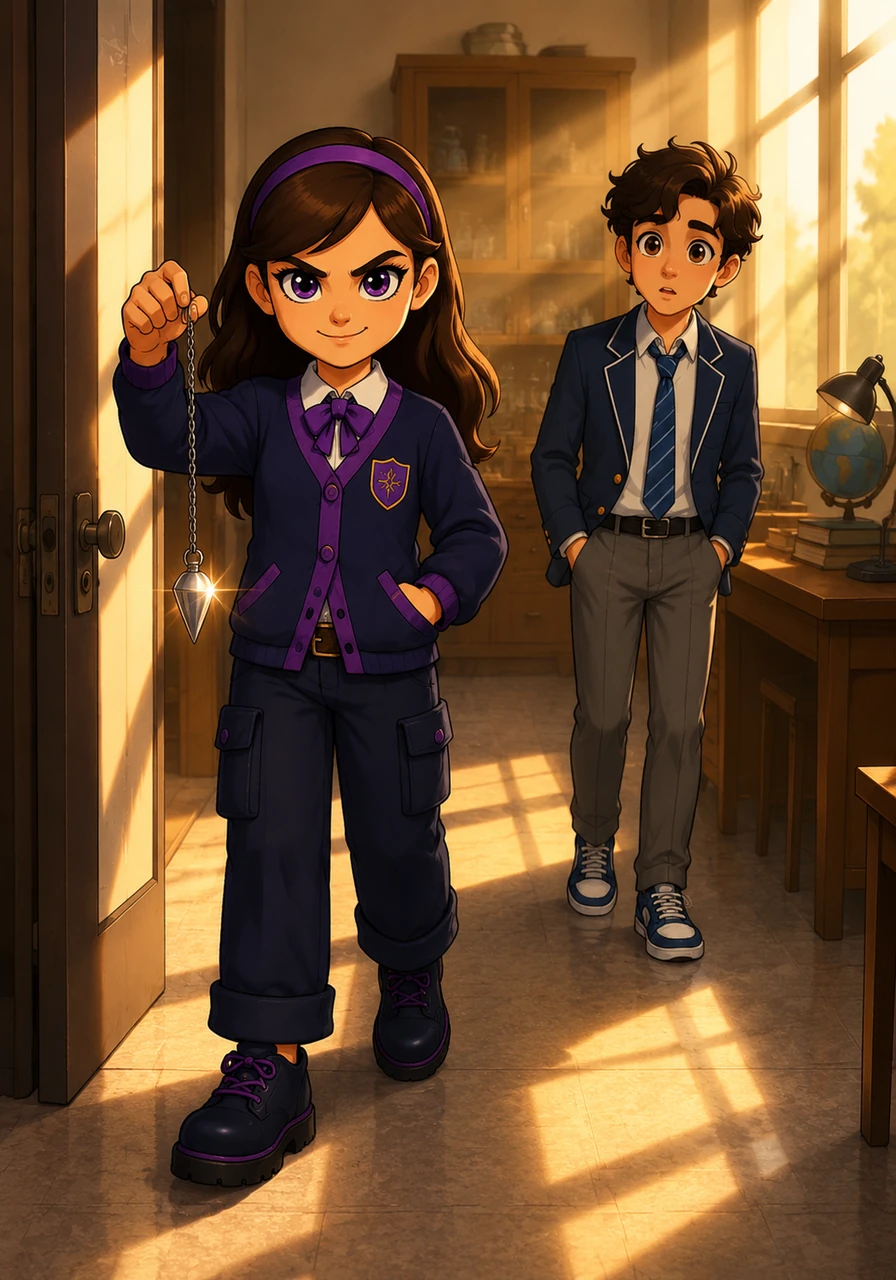 Elara stepped into the room, the soft click of her shoes echoing against the linoleum floor. She held the silver chain of the pendulum between her fingers, the polished weight catching the golden rays of the afternoon sun.