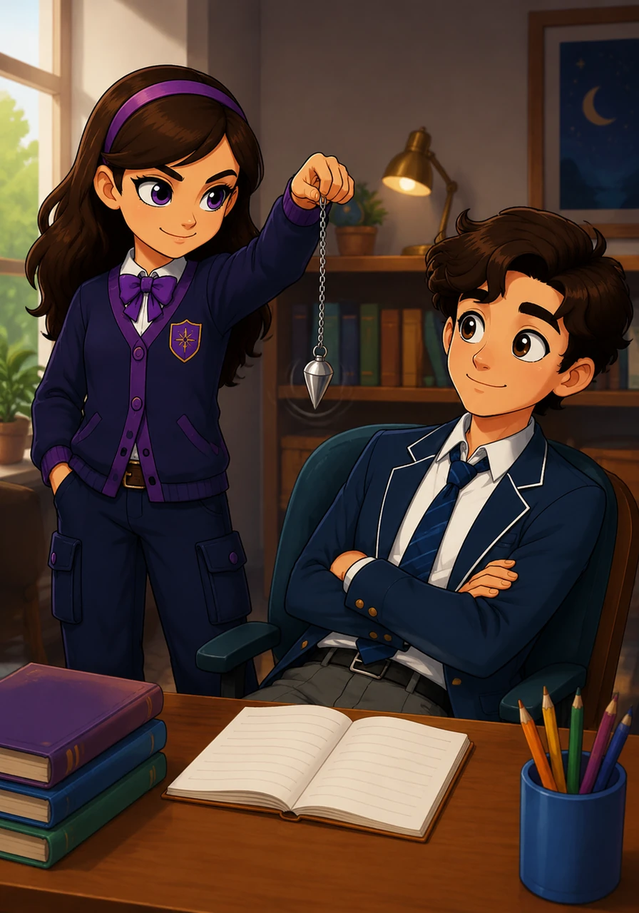 She approached Leo’s desk with a confident smile, offering to show him a simple trick to help with his concentration. Intrigued by her sudden boldness, Leo leaned back and agreed to follow the movement of the swinging metal.