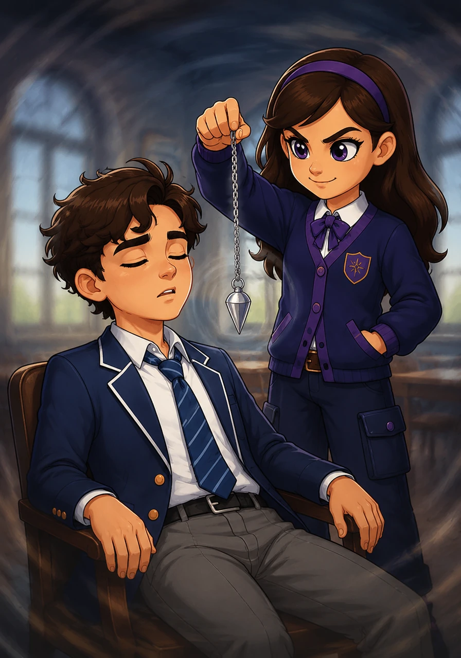 Leo’s breathing slowed, and his gaze became fixed and heavy as the world around him seemed to dissolve into a blur. He could no longer hear the distant sounds of the school, only the steady, rhythmic ticking of the silver weight.