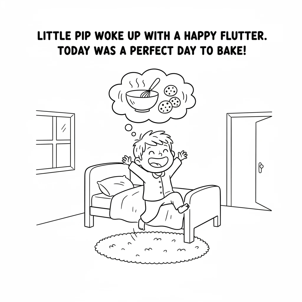 Little Pip woke up with a happy flutter in their tummy. Today was a perfect day to bake something special and warm. Pip hopped out of bed, a big smile