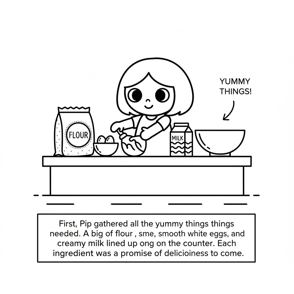 First, Pip gathered all the yummy things needed. A big bag of flour, smooth white eggs, and creamy milk lined up on the counter. Each ingredient was a