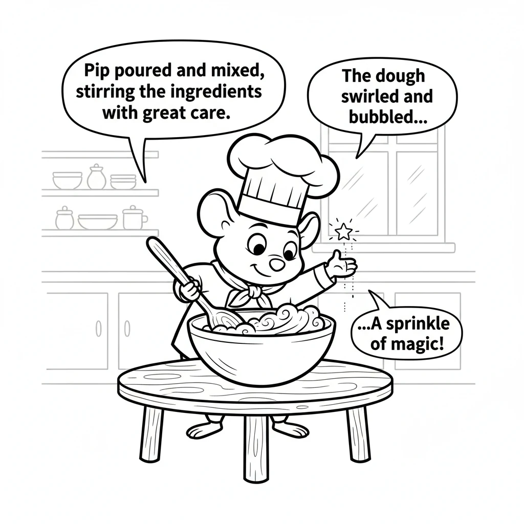 Pip poured and mixed, stirring the ingredients with great care. The dough swirled and bubbled, getting ready to transform. A sprinkle of magic was add