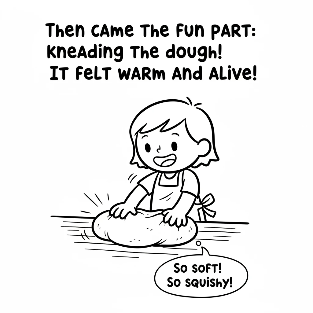 Then came the fun part: kneading the dough! Pip pushed and pulled, shaping the soft, squishy ball. It felt warm and alive under Pip’s eager little han