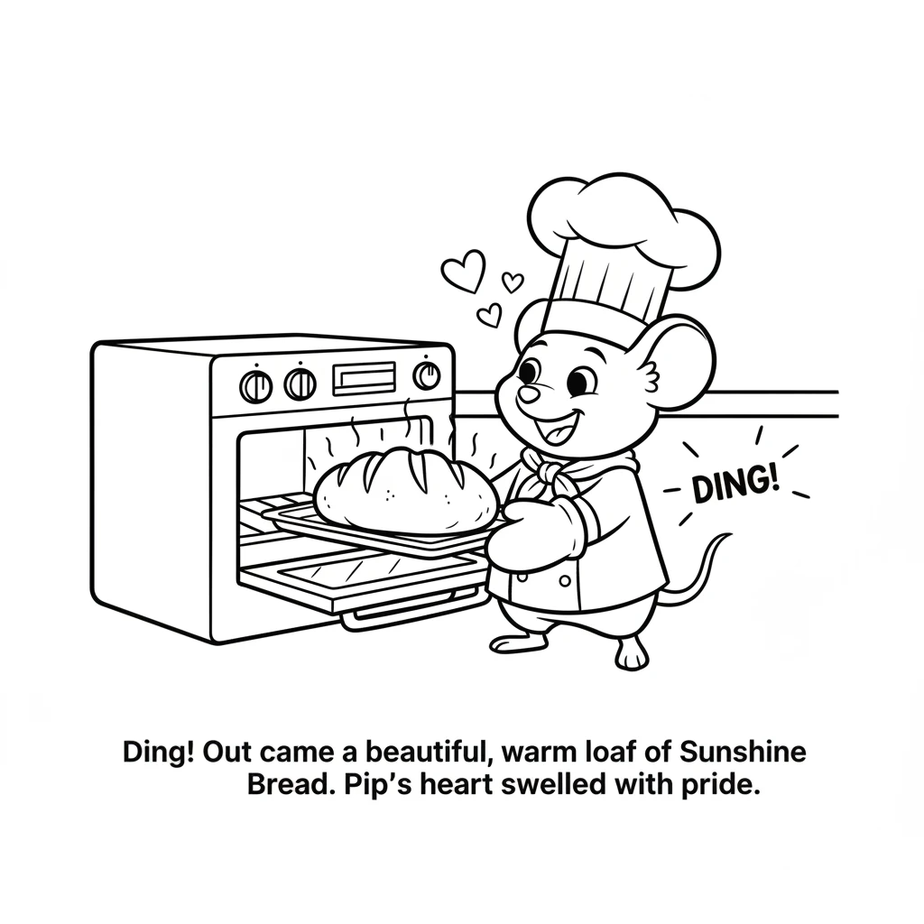 Ding! The oven timer sang, and out came a beautiful, golden loaf of Sunshine Bread. It was warm and crusty, smelling absolutely divine. Pip’s heart sw