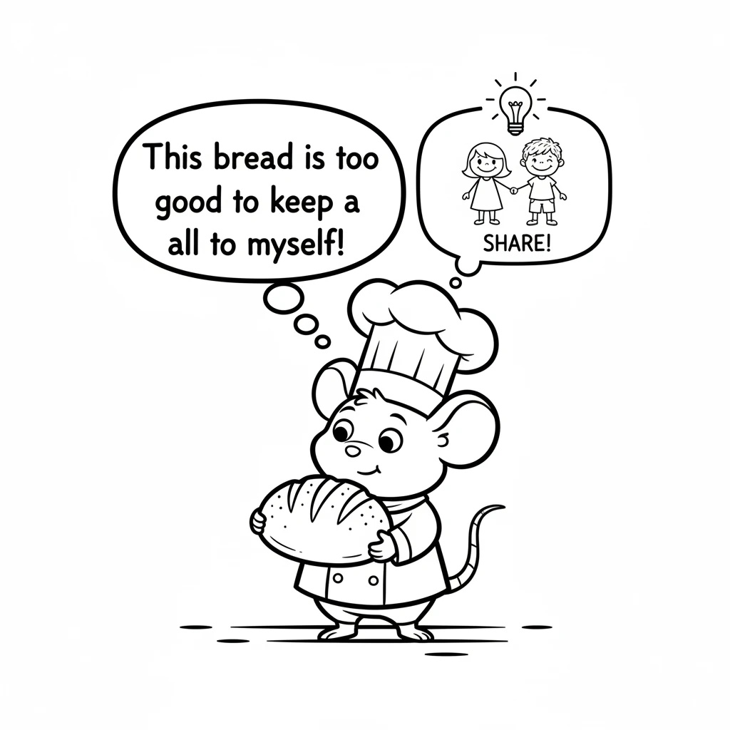 Pip looked at the delicious bread and thought, "This bread is too good to keep all to myself!" A wonderful idea sparked – Pip would share this warm gi