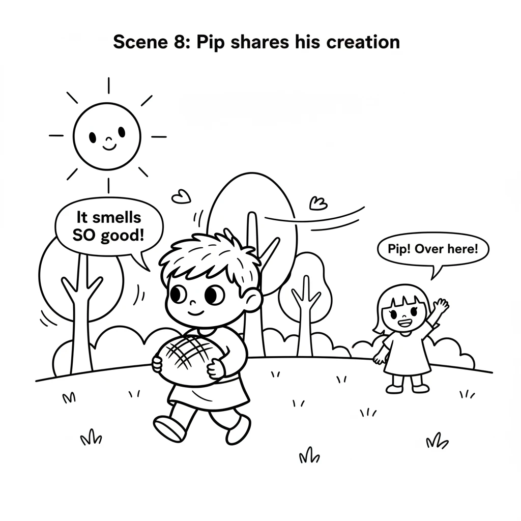 With the warm loaf carefully held, Pip ventured outside. The sun shone brightly, and a gentle breeze whispered through the trees. Pip saw a friend wav