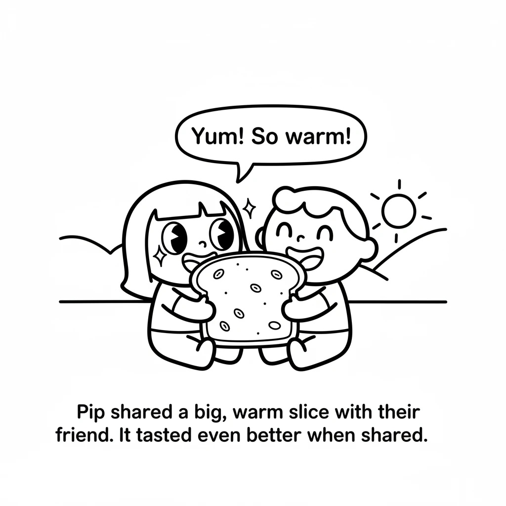 Pip shared a big, warm slice with their friend. Their eyes sparkling as they took a bite. The bread tasted even better when shared with someone specia