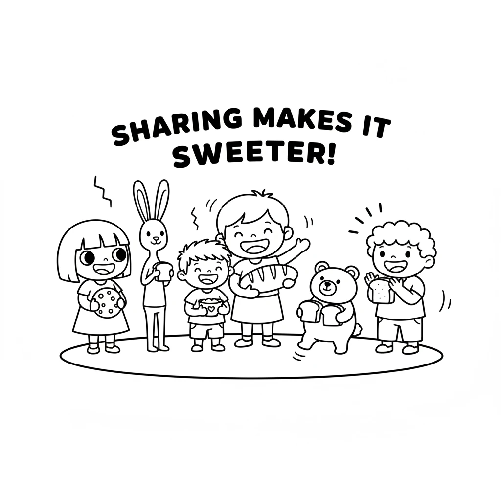 Soon, more friends gathered, and everyone enjoyed a piece of Sunshine Bread. Laughter and happy chatter filled the air. Sharing made the delicious bre