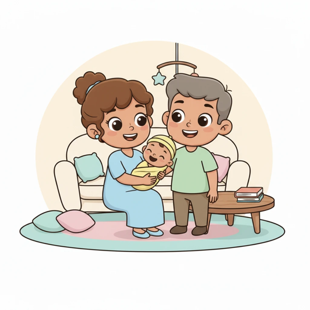 A cozy living room glows with warm light as baby Riu, tiny and joyful, makes his grand entrance into the world. His loving mother, beaming with happiness, holds him close, while his proud father smiles widely. Midwife Teresa, with gentle hands and a kind face, watches over the new family, a picture of serene beginning.