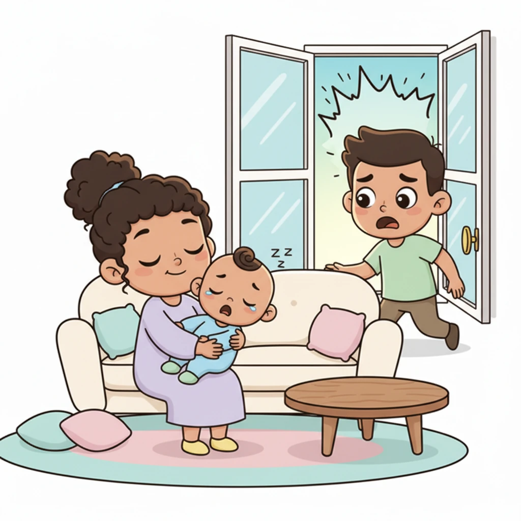 Weeks later, Riu naps peacefully nestled against his mother, soft snores filling the quiet room. Suddenly, loud shouts from the street pierce the calm, startling them both awake. Father rushes in, his brow furrowed with concern, as they all turn towards the window, a sense of unease growing.