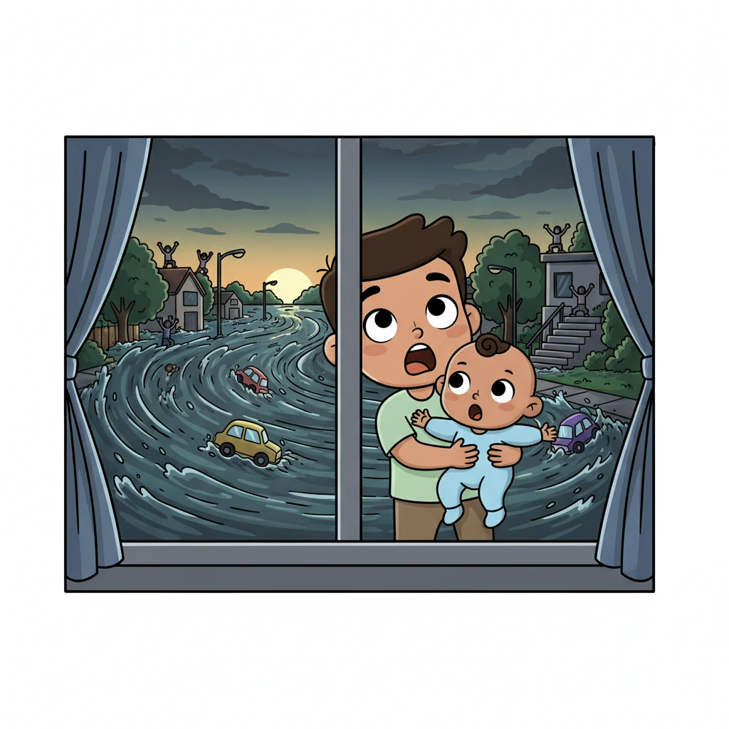 With a gasp, they peer out the window, their eyes wide with disbelief at the unbelievable sight. A swirling, dark river of water churns through the streets, carrying cars like toys and forcing people to scramble for higher ground. The familiar world outside has transformed into a chaotic, watery expanse.