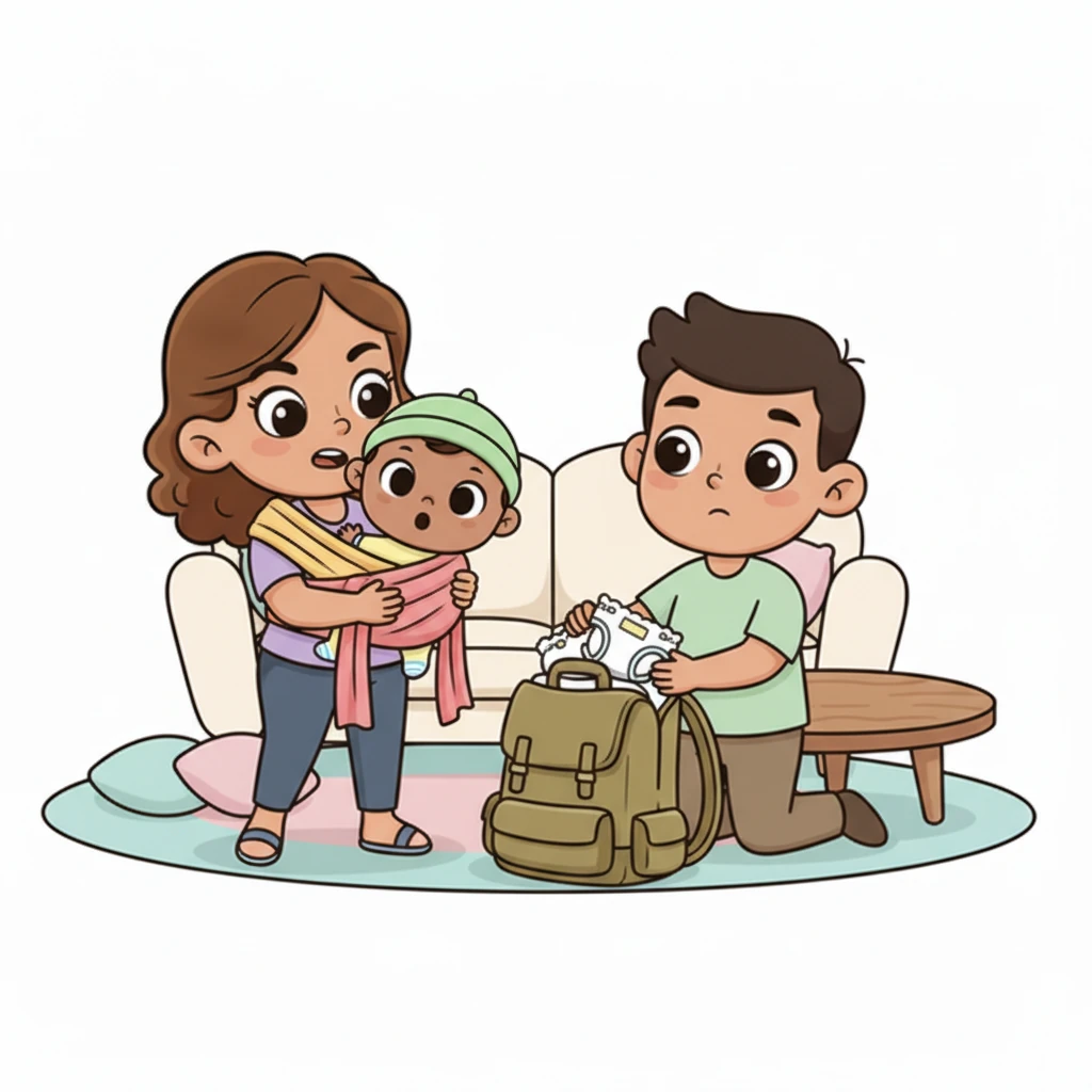 No time to lose! Riu's mother swiftly wraps him in a colorful sling, securing him safely against her chest. His father grabs a sturdy backpack, quickly stuffing in diapers and a few tiny outfits, their faces set with determination. They prepare to face the unknown, a small family unit ready for anything.