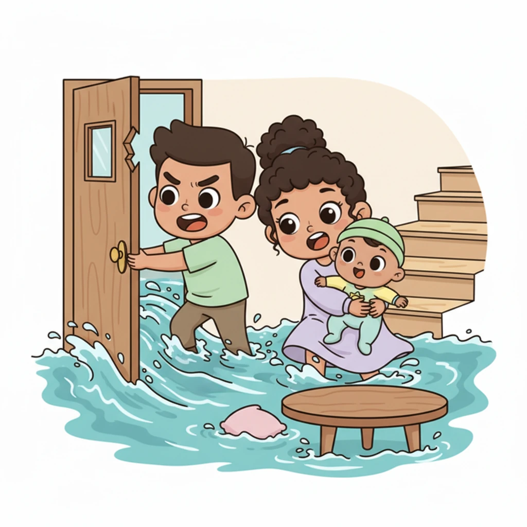 As Father carefully opens the front door, a powerful surge of water rushes into their home, swirling around their knees. Mother, holding Riu tight, bravely pushes through the strong current, water rising above their waists. Step by courageous step, they navigate the flood, finally reaching the safety of the building's upper stairs.