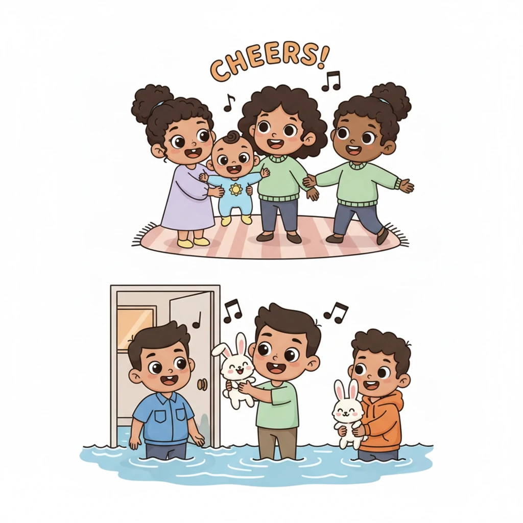 Upstairs, warm smiles and open arms from kind neighbors, including Nayma, welcome them into safety and comfort. Meanwhile, Father, with two helpful neighbors, bravely re-enters the flooded apartment to rescue Xoco and Lluna, their beloved bunnies, from a stubbornly stuck room. Cheers erupt as the fluffy friends are brought to safety, completing their family's rescue.