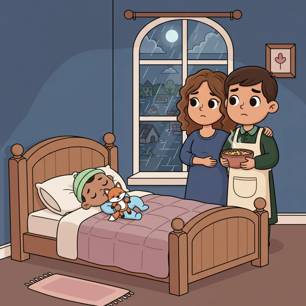From the upper windows, they watch with heavy hearts as the flood waters engulf their entire town, a somber scene unfolding below. That night, Nayma offers them a cozy bedroom and a warm meal of garbanzos, but only Riu sleeps soundly. His parents, unable to rest, gaze out at the dark, watery world, holding onto hope.