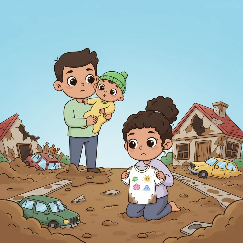 Morning reveals a transformed world: the water has receded, leaving streets blanketed in thick, brown mud and cars piled up like discarded toys. Father stays with a wide-eyed Riu, while Mother descends to their home, now a muddy, broken shell. Amidst the wreckage, she finds a cherished white T-shirt, a colorful reminder of friends and happier times, a small treasure to hold onto.