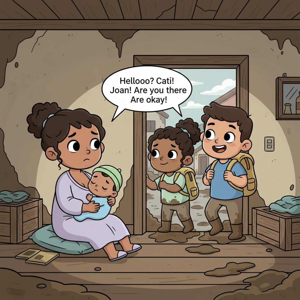 Back upstairs, as Mother nurses Riu, they ponder their uncertain future, wondering how to escape the mud-covered town. Suddenly, familiar voices call from the building's entrance, "Hellooo? Cati! Joan! Are you there? Are you okay?" It's their friends, Blanca and Pau, fully equipped with boots and backpacks, ready to help, sparking a joyous, tearful reunion.