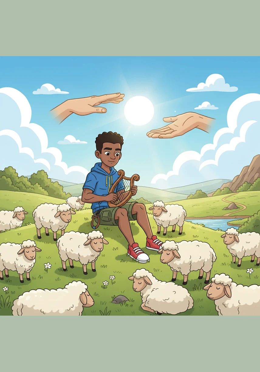 David est un jeune berger courageux qui s'occupe de ses moutons sous un soleil radieux. Il protège son troupeau avec amour et joue de la harpe pour apaiser les animaux dans les vertes prairies. Dieu regarde le cœur de ce jeune garçon et y voit une grande bonté et une force tranquille.