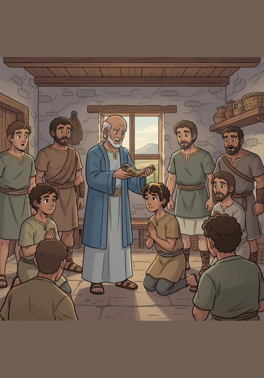 Le vieux prophète Samuel rend visite à la famille de David car Dieu cherche un nouveau roi. Bien que David soit le plus jeune de ses frères, Samuel verse de l'huile sur sa tête pour montrer qu'il est l'élu. David comprend alors qu'un destin extraordinaire l'attend s'il reste fidèle et obéissant.