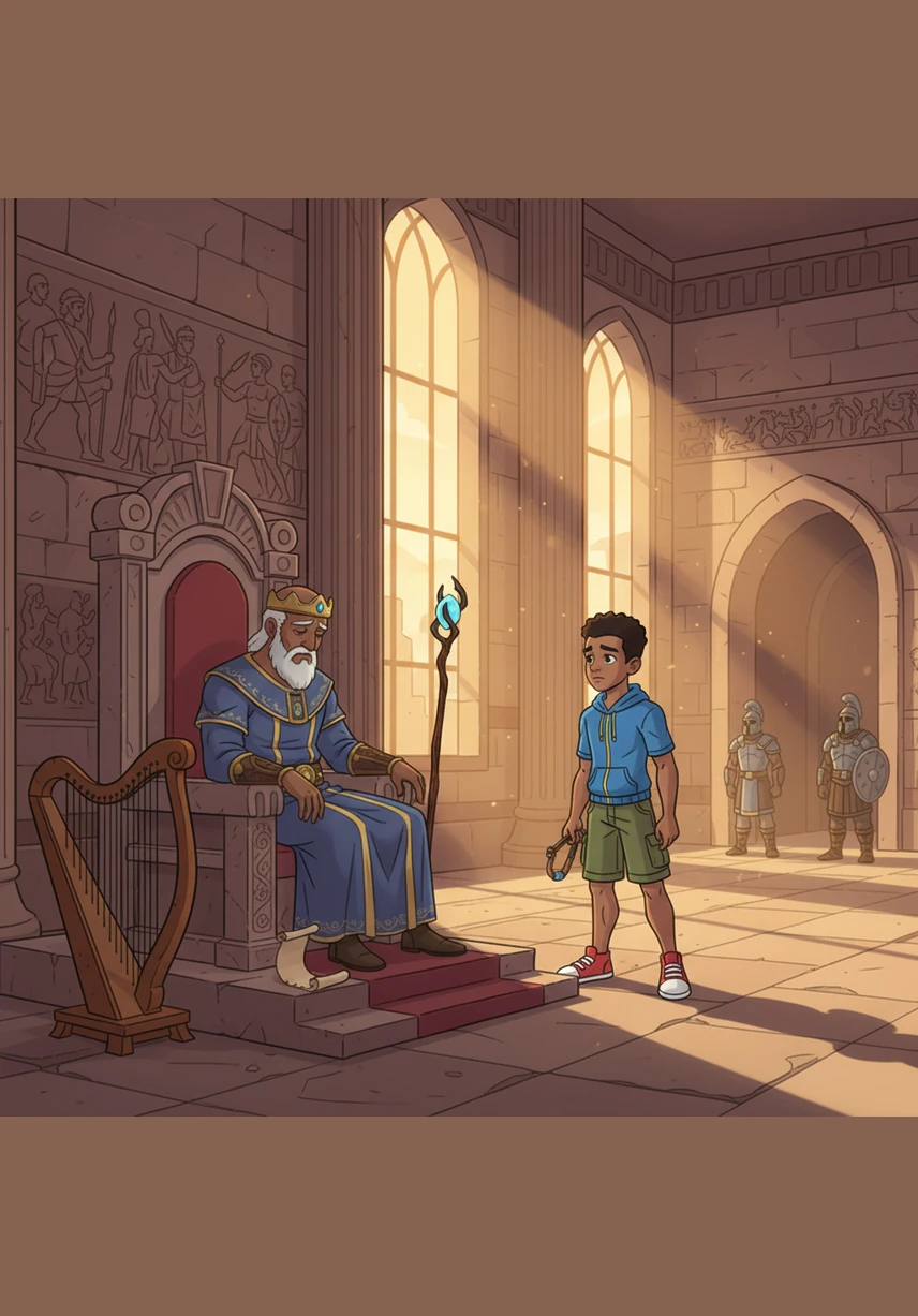 Le roi Saül est souvent triste et tourmenté, alors David est invité au palais pour jouer de la musique. Les mélodies douces de sa harpe apportent la paix et la joie au cœur du roi fatigué. David apprend ainsi à servir les autres avec ses talents uniques, même dans la demeure des rois.