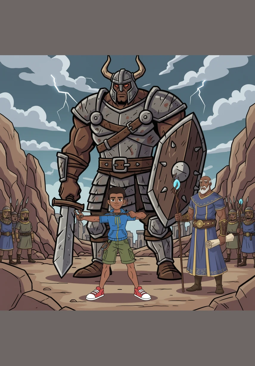Un géant impressionnant nommé Goliath défie l'armée d'Israël, et tous les soldats tremblent de peur. David, armé seulement de sa foi et d'une simple fronde, décide d'affronter le géant pour protéger son peuple. Il sait que la véritable force ne vient pas de la taille, mais de la confiance en Dieu.