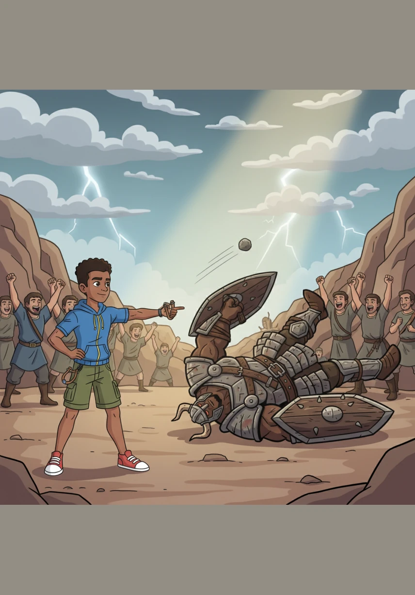 Avec un geste précis et assuré, David lance une petite pierre qui atteint le front de Goliath, et le géant s'écroule. Le peuple célèbre cette victoire incroyable et David devient un héros admiré dans tout le pays. Son acte de bravoure prouve que même le plus petit peut accomplir de grandes choses.