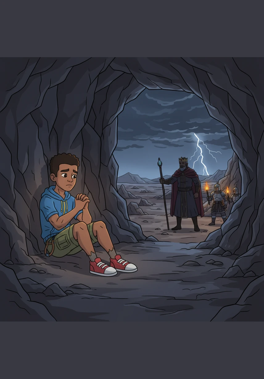 Le roi Saül devient jaloux de la célébrité de David et cherche à lui faire du mal par envie. David doit s'enfuir dans le désert et se cacher dans des grottes sombres pour rester en sécurité. Malgré la peur et la solitude, il continue de prier et de faire confiance à la protection divine chaque jour.