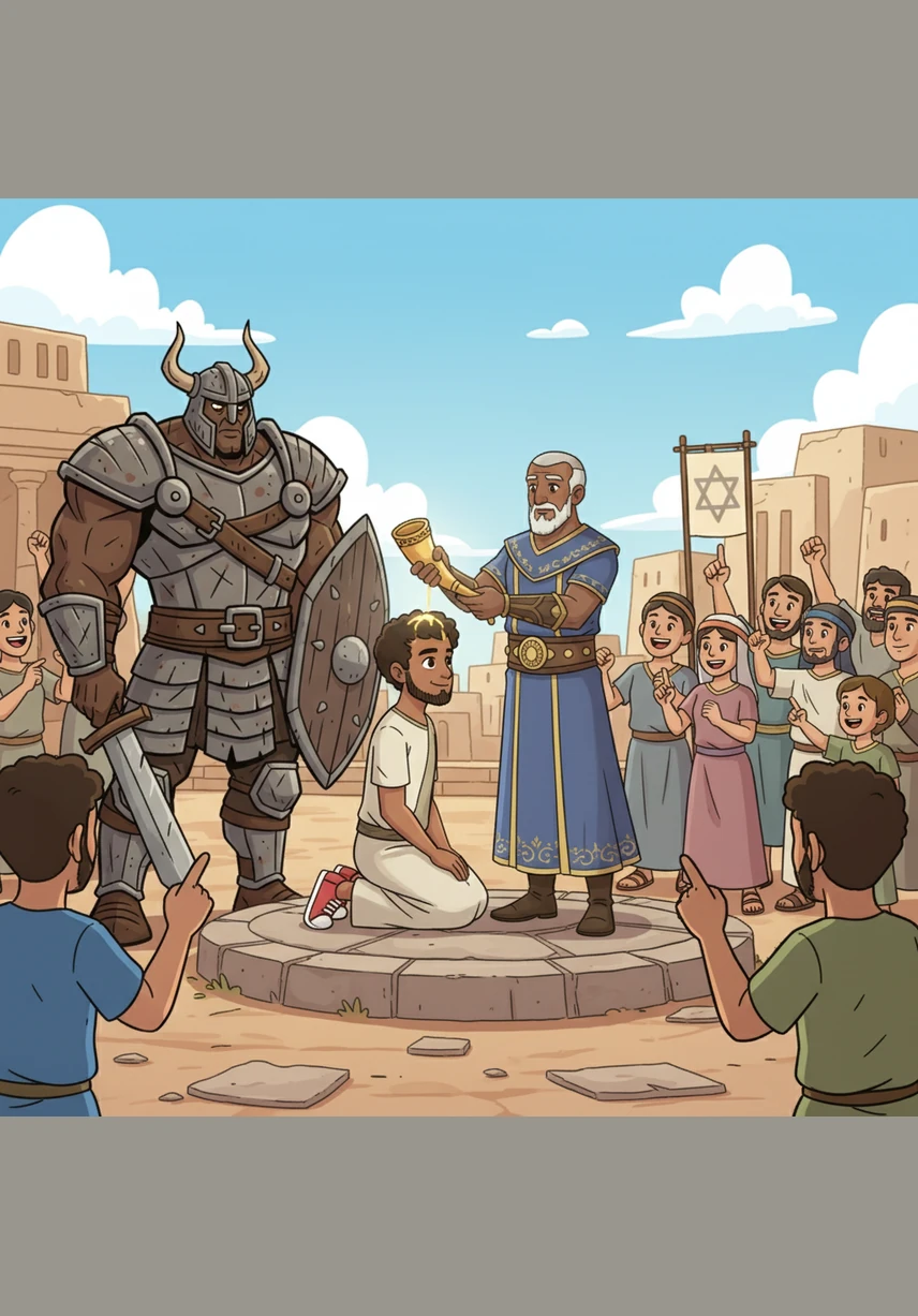 Après de nombreuses années d'attente, le moment est enfin venu pour David d'être couronné roi d'Israël. Il porte une magnifique couronne d'or et promet de diriger son peuple avec justice, sagesse et une grande compassion. Tout le royaume se réjouit de voir leur berger bien-aimé devenir leur guide suprême.