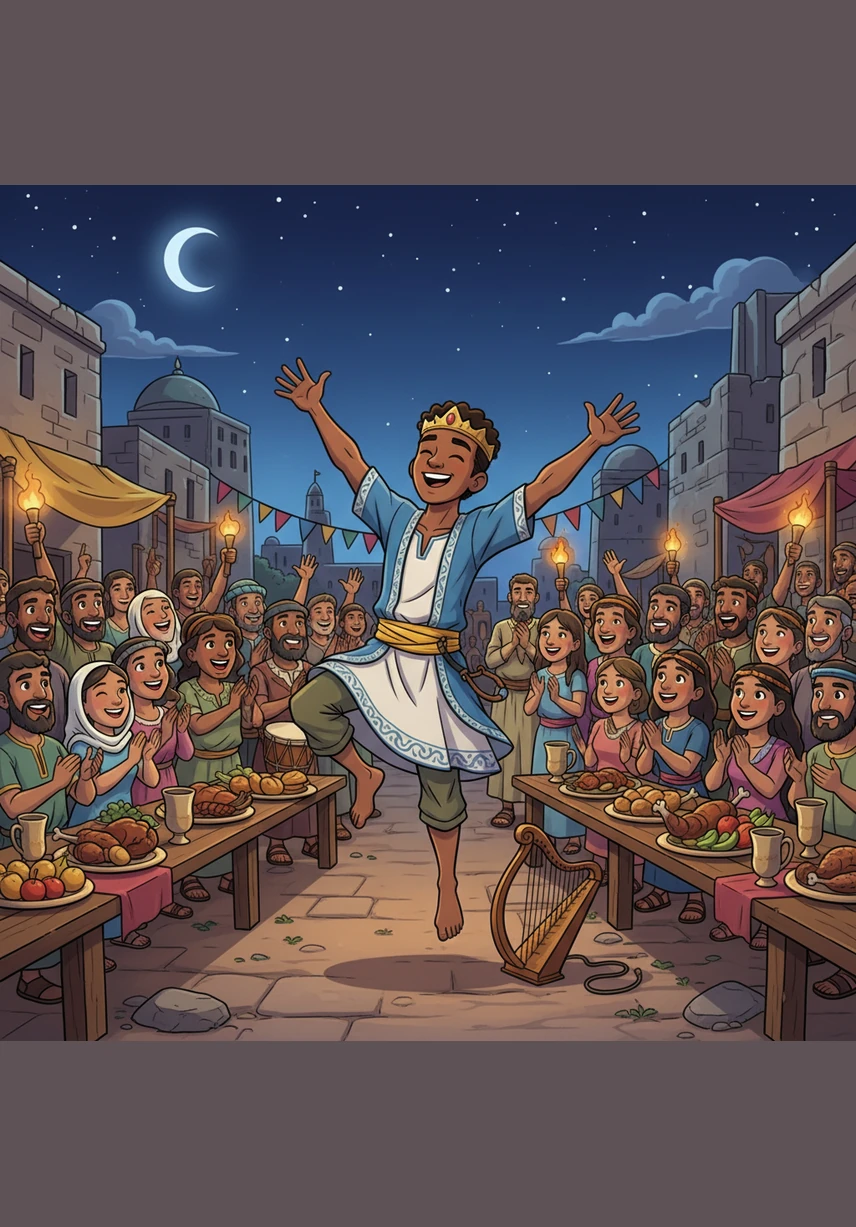 Pour exprimer sa gratitude immense, David danse avec une joie débordante devant tout le peuple lors d'une grande fête. Il ne se soucie pas de son rang royal, car il veut simplement honorer Dieu avec sincérité. Sa danse est un témoignage de son cœur humble et de sa reconnaissance éternelle.