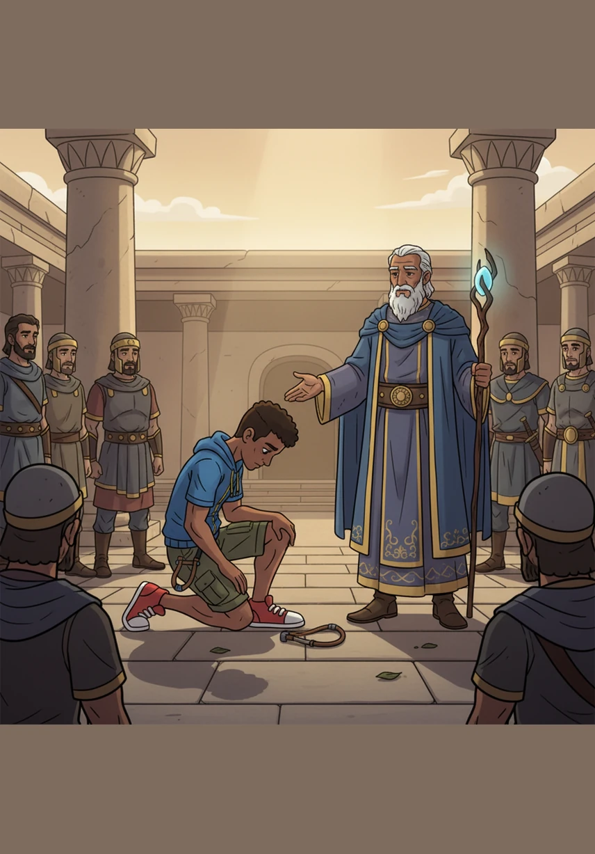 Un jour, David commet une erreur et oublie de suivre le bon chemin, ce qui le rend très triste. Il demande pardon à Dieu de tout son cœur, reconnaissant ses fautes avec une grande humilité. Dieu, dans son immense amour, lui pardonne et lui redonne la paix, car David a un cœur sincèrement repentant.