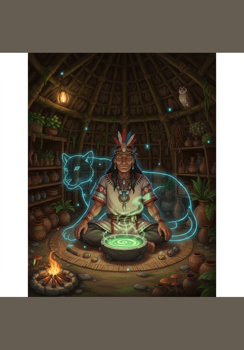 Pedrolito sits in his dimly lit jungle hut, surrounded by traditional Shipibo tapestries and occult symbols. He wears a ceremonial headdress while peering through a monocle at a bubbling cauldron of glowing purple brew.