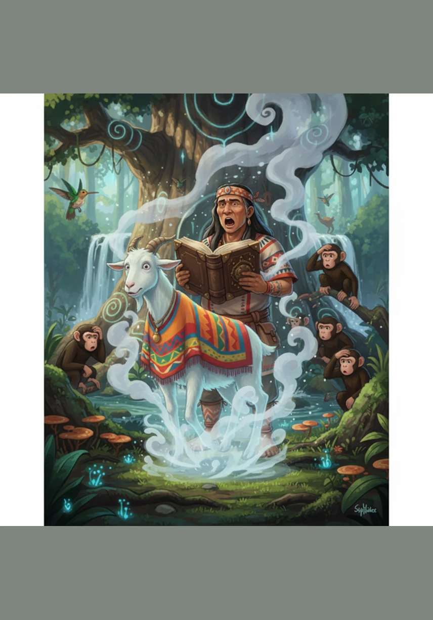 Instead of singing traditional icaros, Pedrolito loudly recites ancient occult verses from a dusty leather-bound book. A spectral goat wearing a colorful poncho materializes from the steam, looking just as confused as the local monkeys.