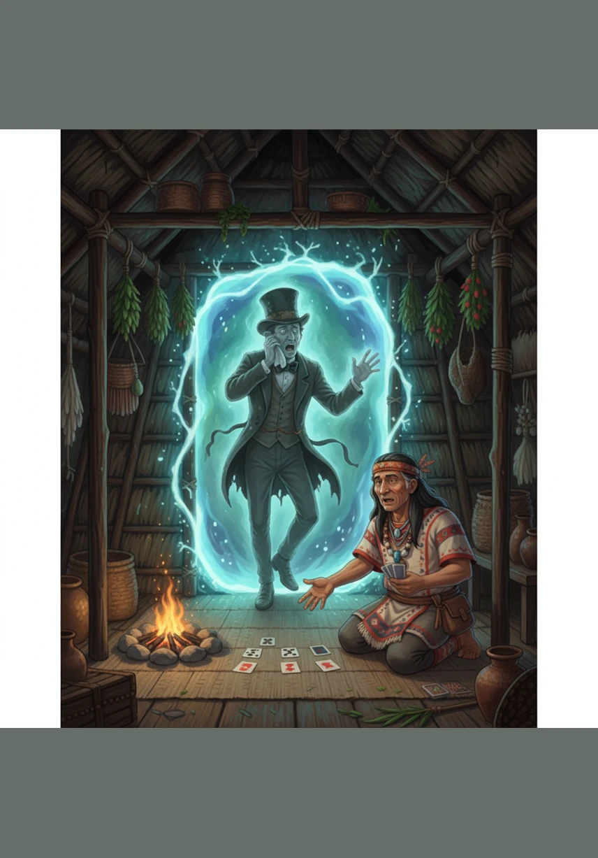A shimmering portal rips open in the center of the hut, and a ghostly figure resembling a Victorian gentleman steps through. The spirit complains incessantly about the Amazonian humidity and the lack of a decent crumpet while Pedrolito tries to impress him with a card trick.