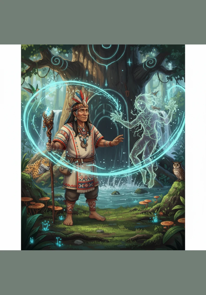 The shaman and the ghost engage in a supernatural duel of wits, which quickly devolves into a high-stakes game of rock-paper-scissors. Their hands glow with celestial energy, casting long, dancing shadows against the jungle canopy.